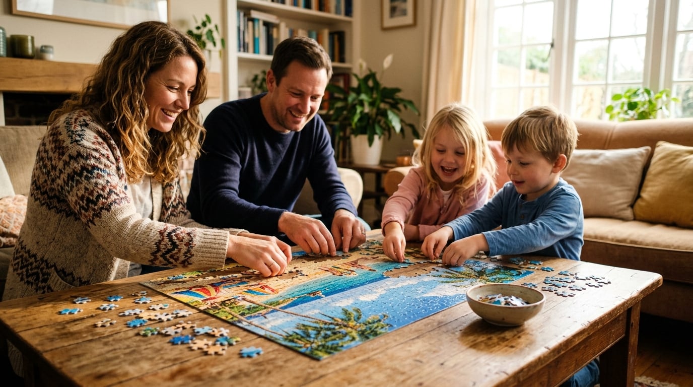 puzzle personnalisé photo - A warm, sunlit living room with a family (parents and two young children) happily working together on a large, colorful custom photo puzzle on a wooden coffee table. The puzzle image shows a sunny beach scene. The focus is on their hands and the puzzle pieces, with their joyful faces slightly blurred in the background. Natural light streams in from a window. Mood is connected and joyful.