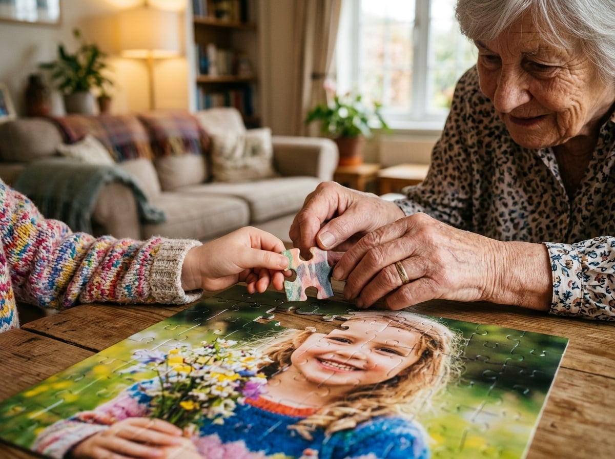Close-up shot of a grandparent's hands and a grandchild's hands holding a single, unique puzzle piece that fits perfectly into the puzzle below. The puzzle image is a bright, happy portrait of the grandchild. The lighting is soft and warm, emphasizing the connection between generations. The background is a cozy home interior.