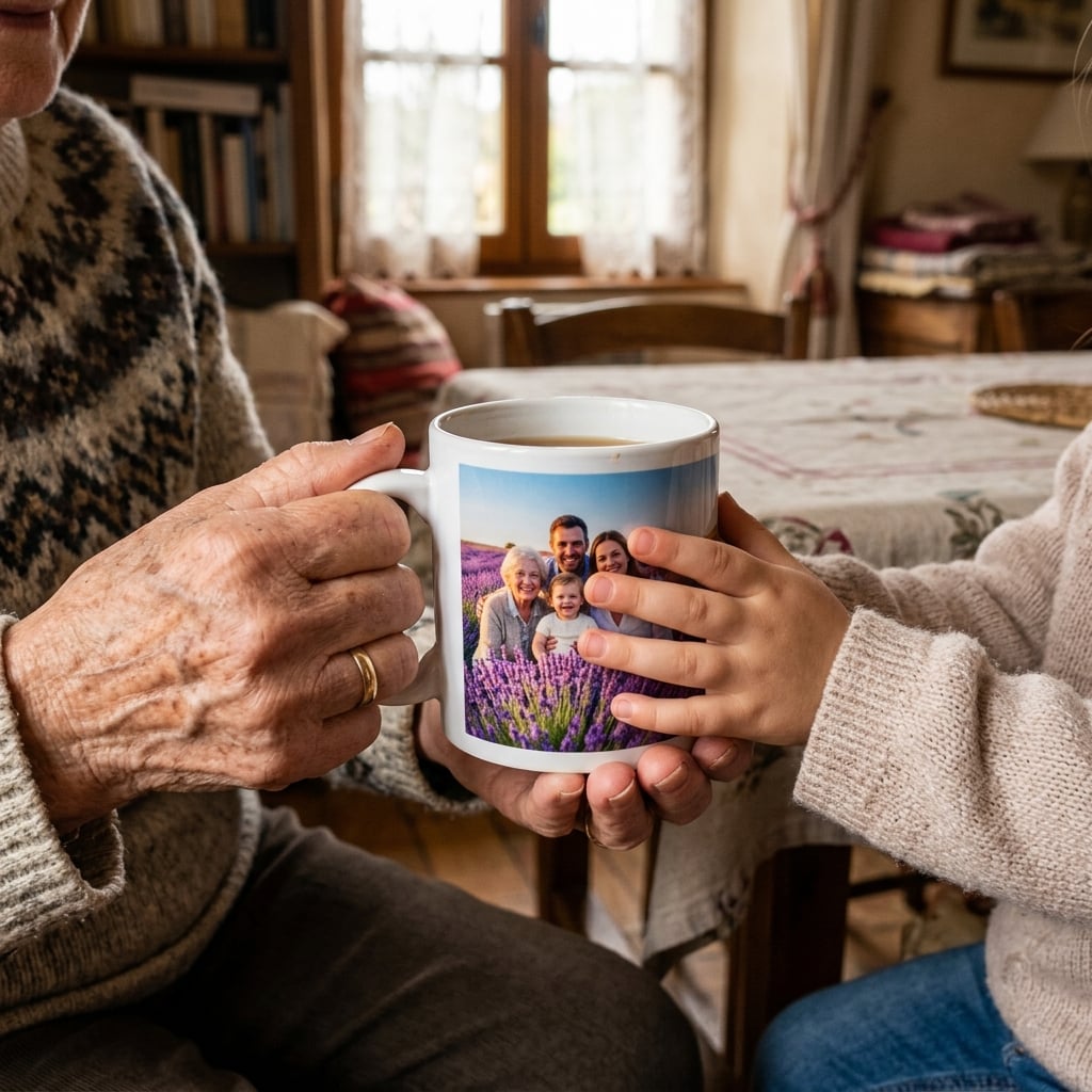Gros plan sur les mains d'une grand-mère et de son petit-enfant tenant ensemble un mug blanc personnalisé. Sur le mug, on devine une photo de famille souriante devant un champ de lavande en Provence. L'arrière-plan est un intérieur de maison de campagne française, confortable et lumineux, légèrement flouté. L'ambiance est affectueuse et intergénérationnelle.