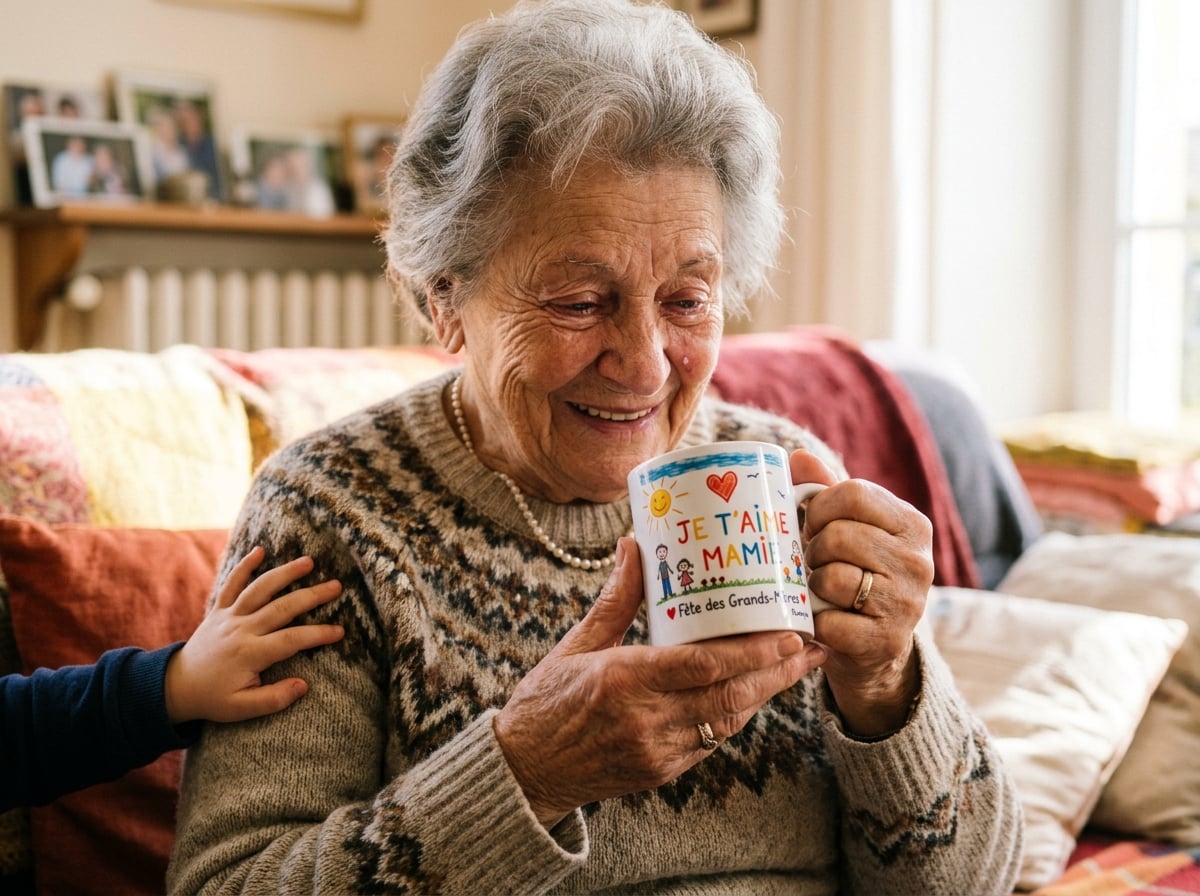 Gros plan émouvant sur le visage d'une grand-mère française, 'Mamie', aux yeux brillants de joie lors de la Fête des Grands-Mères. Elle vient de recevoir un mug personnalisé et le regarde avec tendresse. Sur le mug, un dessin d'enfant avec l'inscription 'Je t'aime Mamie'. La petite main de son petit-enfant est posée sur son bras. Lumière naturelle et douce.