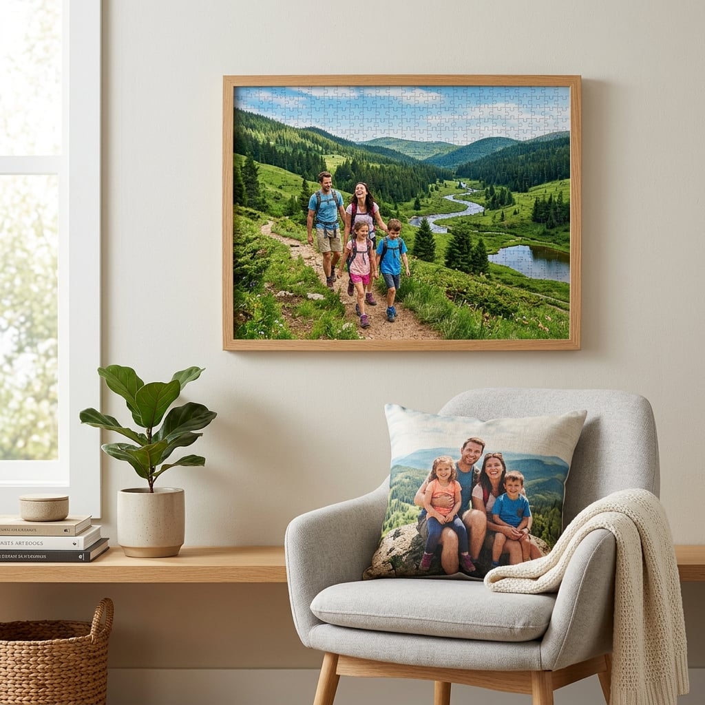 A beautifully completed and framed custom photo puzzle hanging on a stylish, light-colored living room wall. The puzzle depicts a vibrant family vacation photo in a lush green landscape. Below the frame, a personalized photo cushion rests on a modern armchair. The scene is clean, aspirational, and shows the memory as a piece of art.
