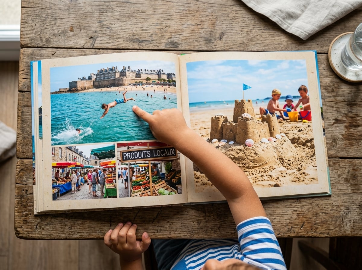 Vue de dessus d'un livre photo ouvert sur une table en bois rustique. Les pages montrent des photos de vacances d'été vibrantes en Bretagne : un plongeon dans la mer près de Saint-Malo, un marché de village avec une pancarte 'Produits Locaux', un château de sable. Une main d'enfant pointe avec enthousiasme une des images. La lumière est naturelle et douce.