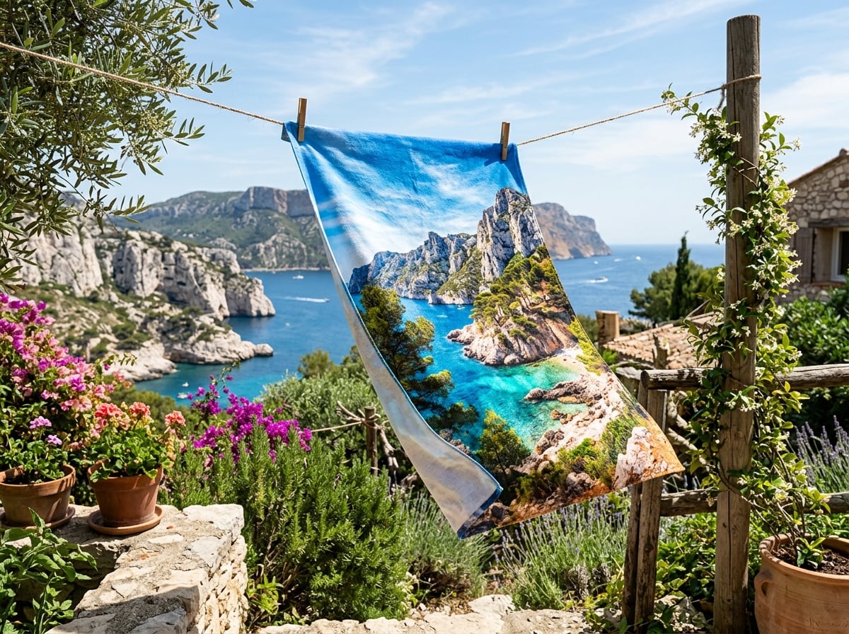Une serviette de plage personnalisée avec un paysage de Calanques flotte au vent, suspendue à une corde à linge dans un jardin méditerranéen. Le soleil brille, mettant en valeur les couleurs vives de l'impression.