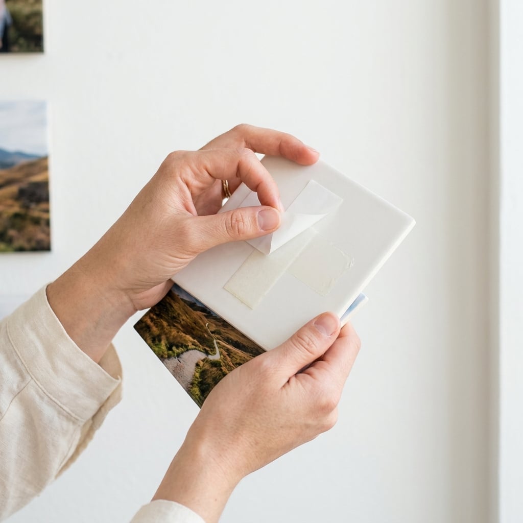 Vue rapprochée des mains d'une femme retirant délicatement la protection d'une bande adhésive au dos d'un carrelage photo. Le mur en arrière-plan est une surface peinte, propre et nette. La photo est lumineuse, épurée et met en valeur la simplicité du geste d'installation.