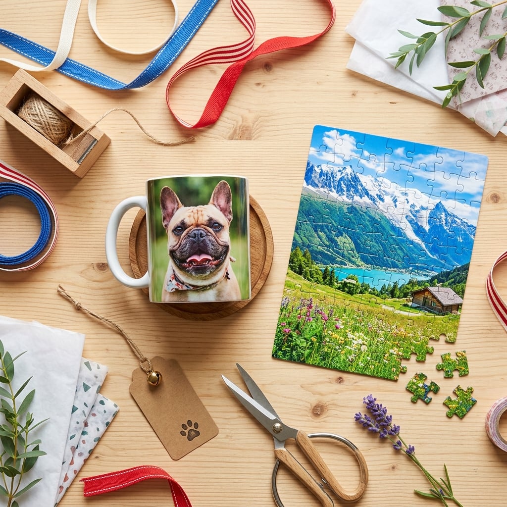 Une photo en flat lay, lumineuse et colorée, montrant la préparation d'un cadeau. Au centre, un mug photo personnalisé avec un portrait joyeux d'un Bouledogue Français. À côté, un puzzle photo personnalisé avec une image des Alpes françaises en été. Le tout est disposé sur une table en bois clair, avec des rubans bleu, blanc, rouge à proximité.