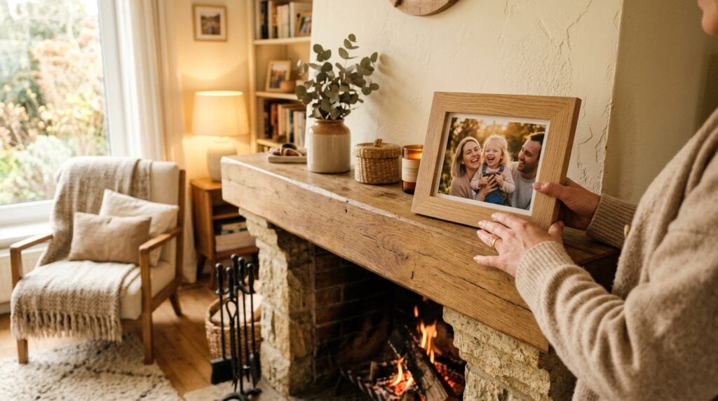 cadre photo en bois - Une scène chaleureuse dans un salon lumineux et confortable. Des mains douces et soignées posent délicatement un cadre photo en chêne clair sur le rebord d'une cheminée. À l'intérieur du cadre, une photo de famille naturelle et joyeuse, montrant des parents et un jeune enfant riant ensemble. L'ambiance générale est sentimentale, douce et pleine d'amour.