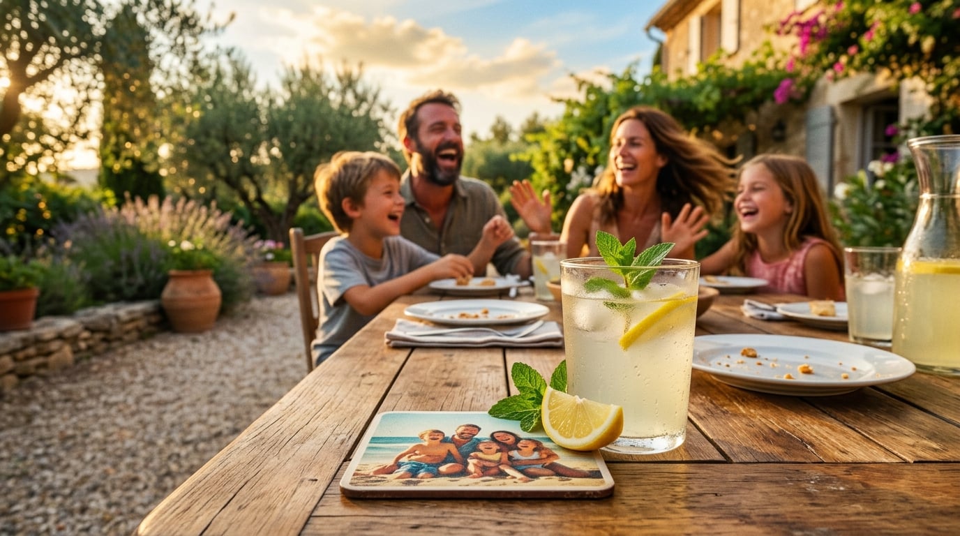 sous-verre personnalisé photo - Une table de patio en bois ensoleillée lors d'une fin d'après-midi d'été en Provence. Une famille (parents et deux enfants) rit aux éclats, hors focus en arrière-plan. Au premier plan, un verre de limonade avec de la condensation repose sur un sous-verre photo carré montrant une joyeuse scène de plage. La lumière est dorée et chaleureuse, évoquant la nostalgie et le bonheur.