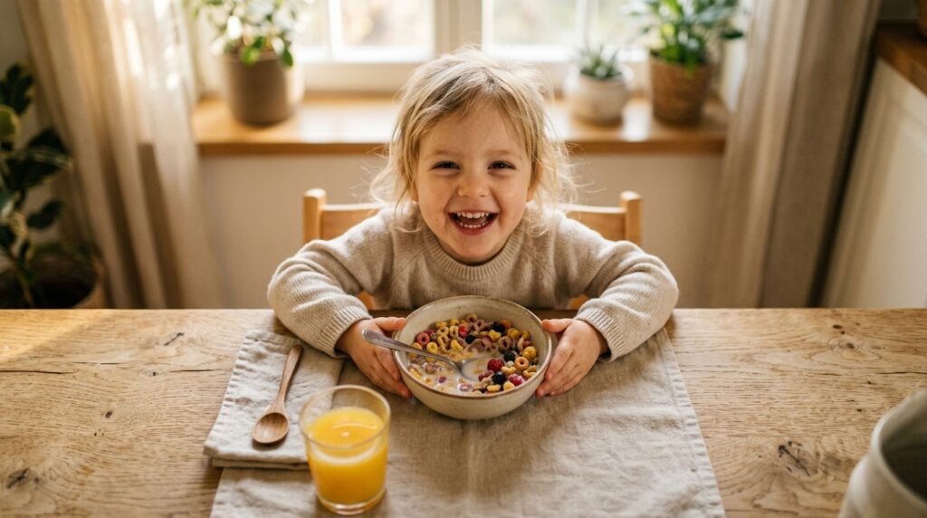 set de table personnalisé enfant - Photographie éditoriale chaleureuse et lumineuse vue de dessus. Les petites mains d'un enfant sont posées de chaque côté d'un bol de céréales sur une table de petit-déjeuner en bois clair. L'enfant sourit joyeusement. L'espace pour le set de table est visible mais le set lui-même est flou ou générique. La lumière du matin filtre à travers une fenêtre, créant une atmosphère douce et optimiste.