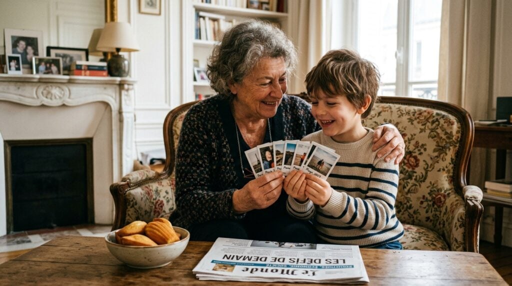 idée cadeau photo personnalisé - Une grand-mère et son petit-fils sont assis dans un salon de style haussmannien, souriant tendrement en regardant une petite pile de magnets photo style Polaroid qu'ils tiennent ensemble. Sur la table basse, un bol de madeleines et une copie du journal 'Le Monde'. L'ambiance est chaleureuse, pleine d'amour et de nostalgie. Focus sur leurs visages et leurs mains.