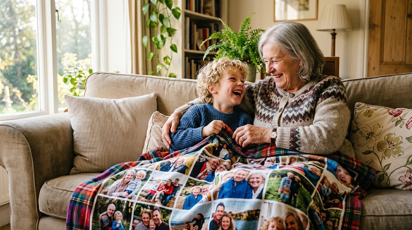 plaid photo personnalisé - Une scène de vie chaleureuse dans un salon lumineux. Une grand-mère et son jeune petit-fils sont assis sur un canapé, joyeusement emmitouflés dans un grand plaid photo personnalisé. Le plaid est vibrant, montrant un collage de photos de famille claires. Ils rient ensemble, le focus est sur leur connexion et la joie partagée. Lumière naturelle et douce.