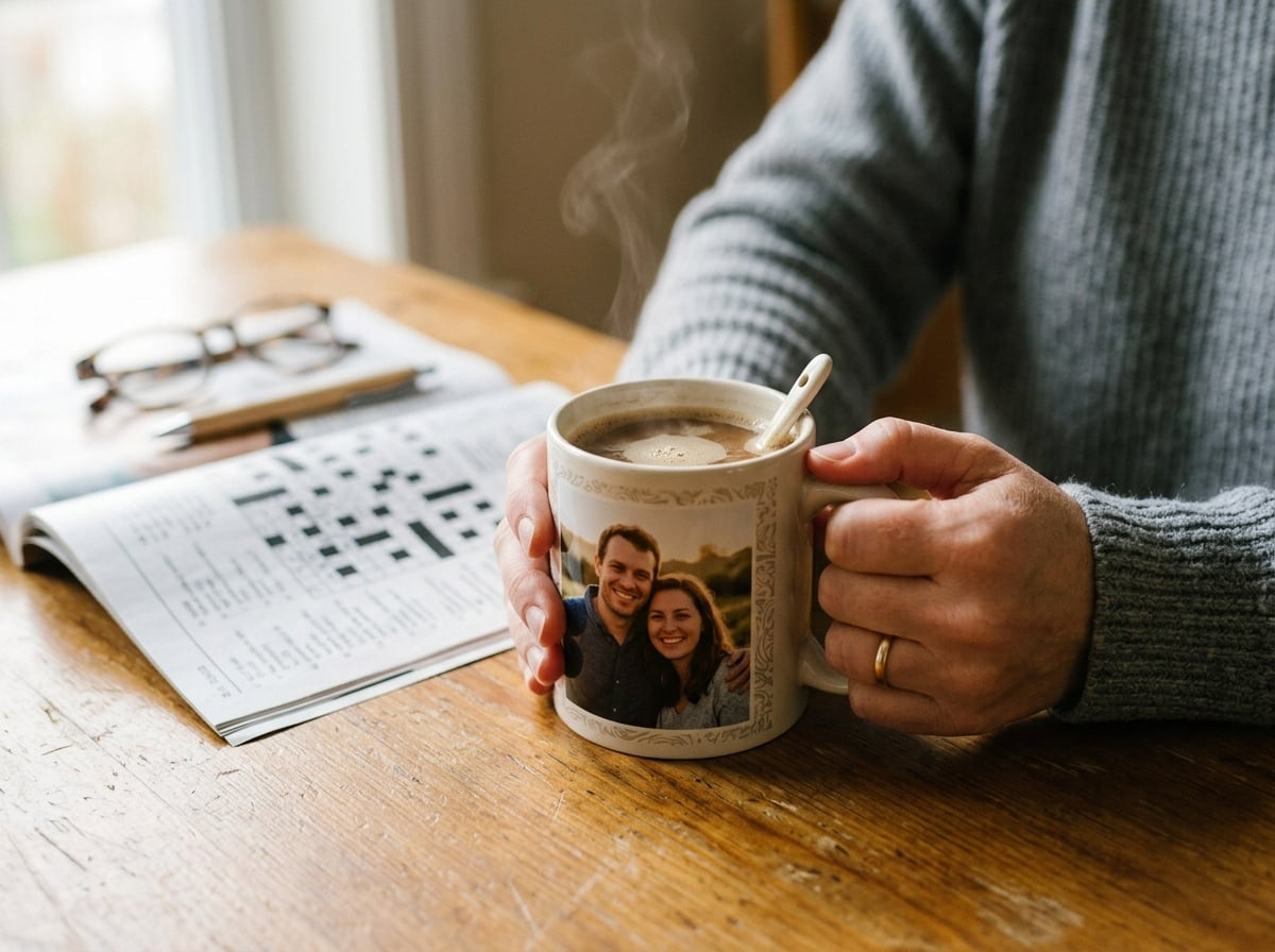 A close-up on a person's hands holding a personalized photo mug filled with a warm beverage. In the soft-focus background, a magazine with a crossword puzzle is visible on the table. The scene evokes a sense of calm, personal enjoyment and a quiet morning ritual.