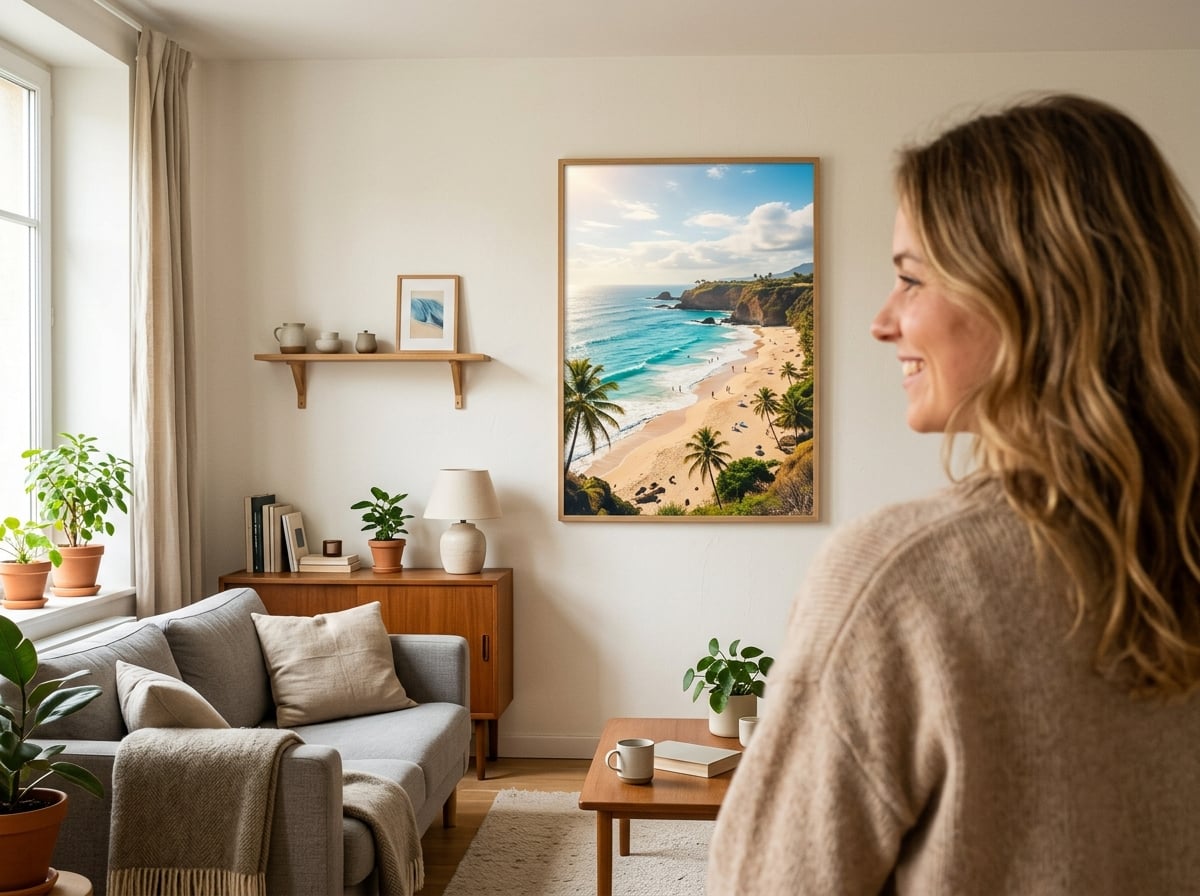 Vue par-dessus l'épaule d'une femme souriante regardant une grande affiche photo vibrante d'un paysage de plage ensoleillé, accrochée sur un mur de salon minimaliste. La pièce est confortable, baignée d'une lumière naturelle et douce. L'affiche est le point central évident, évoquant un souvenir heureux.