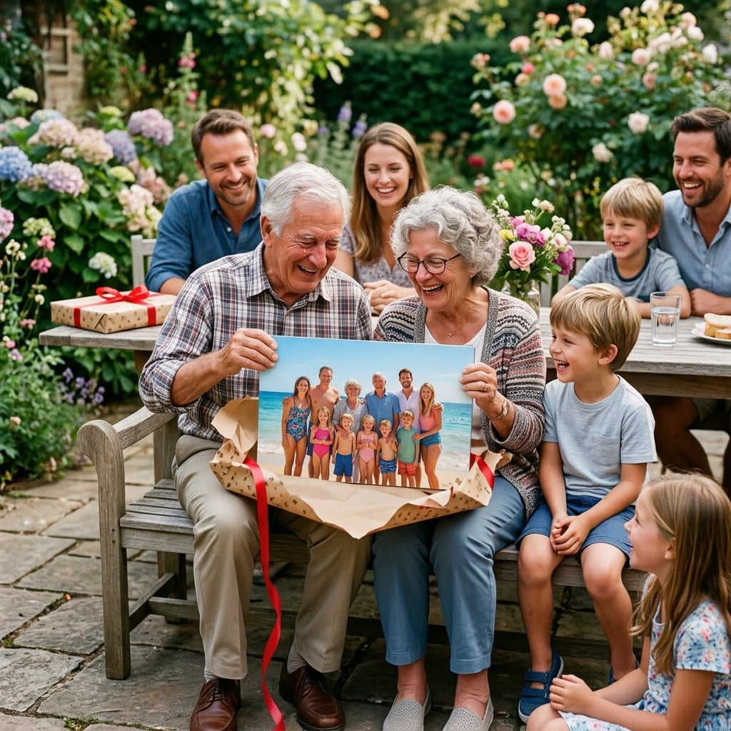Un couple de grands-parents au visage rempli de joie et d'émotion, déballant une impression sur métal que leurs enfants et petits-enfants viennent de leur offrir. La photo sur l'impression les montre tous ensemble pendant les vacances d'été. La scène se déroule dans un jardin ou sur une terrasse, l'accent est mis sur la connexion intergénérationnelle.