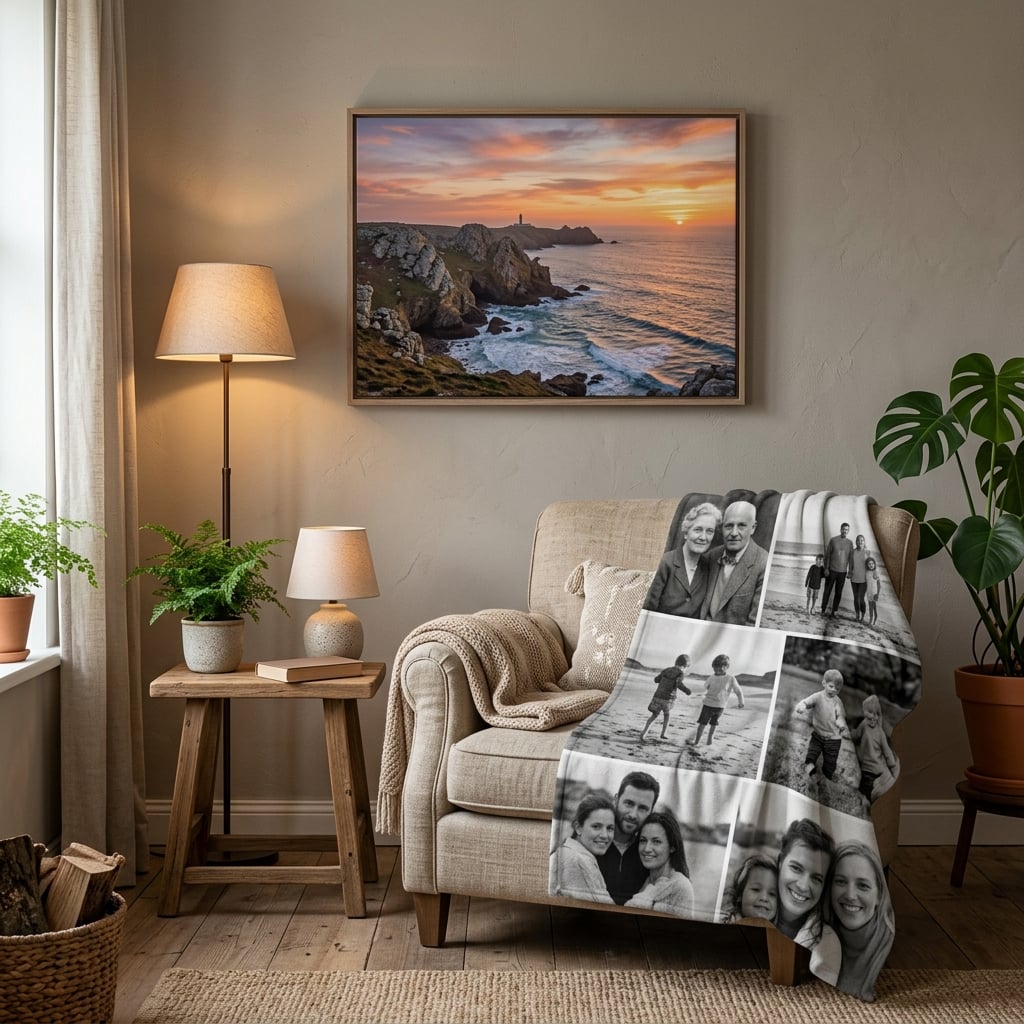 Un coin de salon décoré avec goût. Sur un mur de couleur neutre est accrochée une élégante impression sur toile d'un paysage côtier de Bretagne au coucher du soleil. En dessous, sur un fauteuil confortable, est drapé un plaid personnalisé où l'on peut distinguer un collage de plusieurs photos de famille en noir et blanc. L'ambiance est sereine et personnelle.