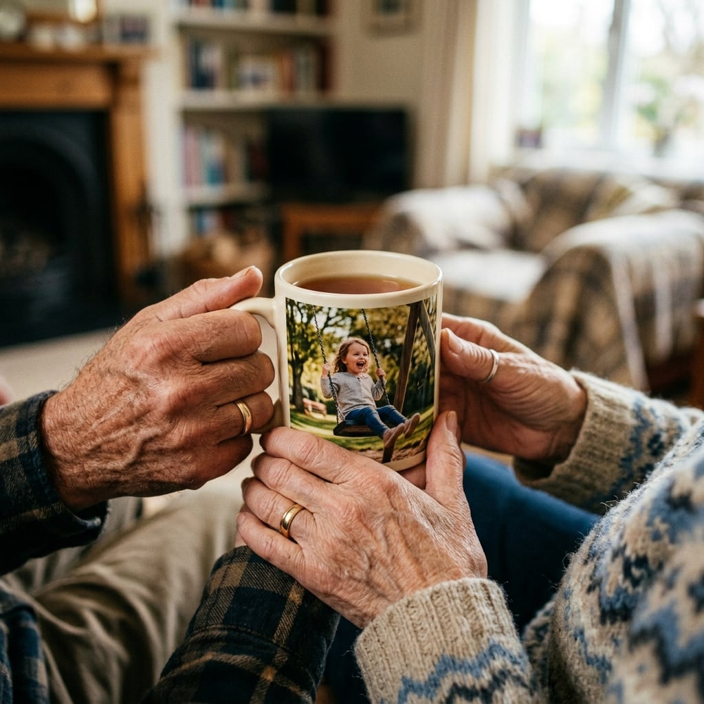 Gros plan sur les mains de grands-parents tenant une tasse photo personnalisée. La photo sur la tasse montre leur petit-enfant en train de rire sur une balançoire. L'arrière-plan est un intérieur de maison chaleureux et flou. L'accent est mis sur la connexion, l'émotion et l'objet précieux.