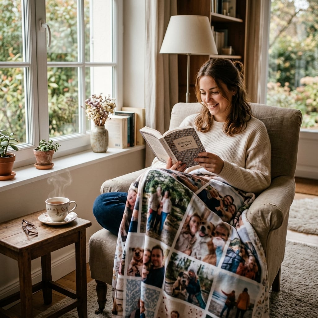 Une jeune femme est assise confortablement dans un fauteuil près d'une fenêtre, lisant un livre. Le plaid photo personnalisé est drapé sur ses genoux, lui apportant du réconfort. À côté d'elle, sur une petite table, se trouve une tasse de thé fumante. L'ambiance est paisible, sereine et personnelle.