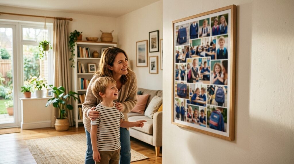 créer un poster photo rentrée scolaire - Une mère et son jeune fils regardent avec joie un grand poster photo accroché au mur de leur salon lumineux et confortable. Le poster, qui est une composition de photos de la rentrée scolaire, est légèrement flou pour que les détails ne soient pas visibles. La lumière est douce et chaleureuse, mettant en valeur le lien affectueux entre eux. Ambiance de fierté et de tendresse.