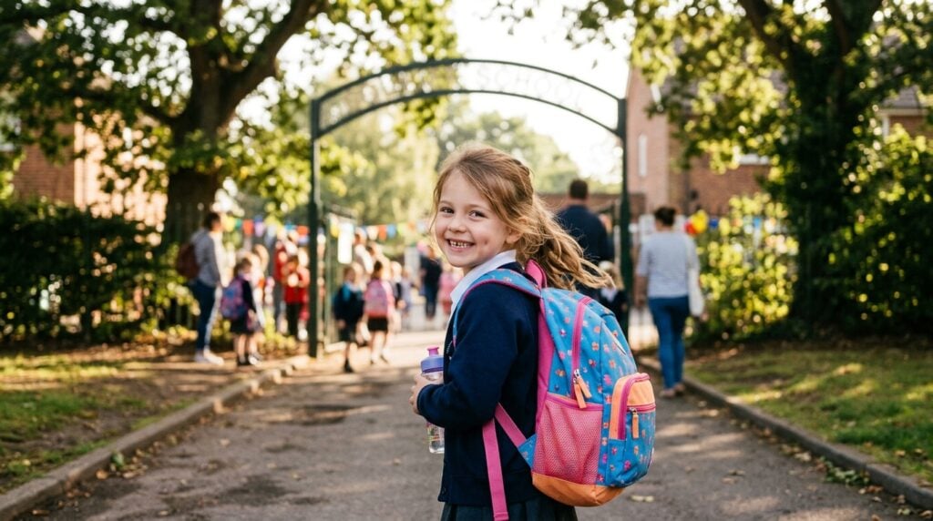 magnet frigo personnalisé photo - A warm, candid shot from a parent's perspective. A young child (around 6 years old) with a new backpack, turning back to give a bright, slightly toothy smile at the camera just before entering the school gate. Soft morning sunlight filters through trees, creating a gentle, nostalgic mood. The focus is on the child's happy expression.