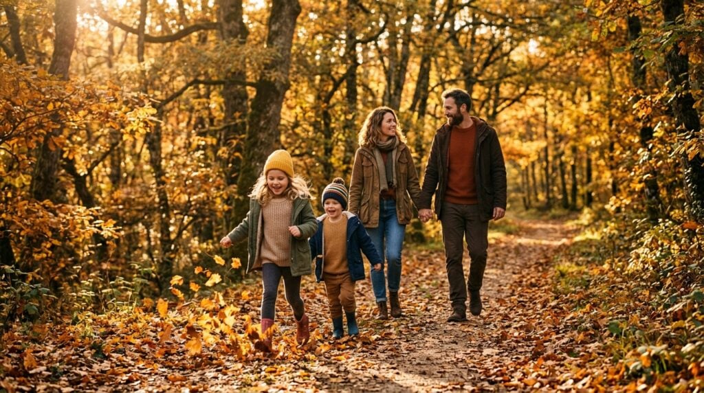 toile photo semaine 39 - A warm, candid shot of a family of four walking through a sun-dappled forest in France during autumn. The parents are holding hands, looking at their two young children who are running ahead, kicking up golden leaves. The light is soft and golden, characteristic of the late afternoon. The focus is on connection and joy, not posed smiles. The style is editorial and heartfelt.