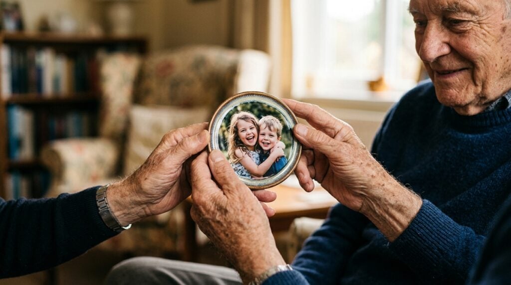 idée cadeau fête des grands-pères - Gros plan sur les mains ridées et bienveillantes d'un grand-père tenant délicatement un sous-verre en céramique. Sur le sous-verre, une photo nette et joyeuse de ses deux jeunes petits-enfants riant. Le grand-père a un léger sourire attendri. L'éclairage est doux et chaleureux, créant une atmosphère intime et émouvante. Arrière-plan flou d'un salon confortable.