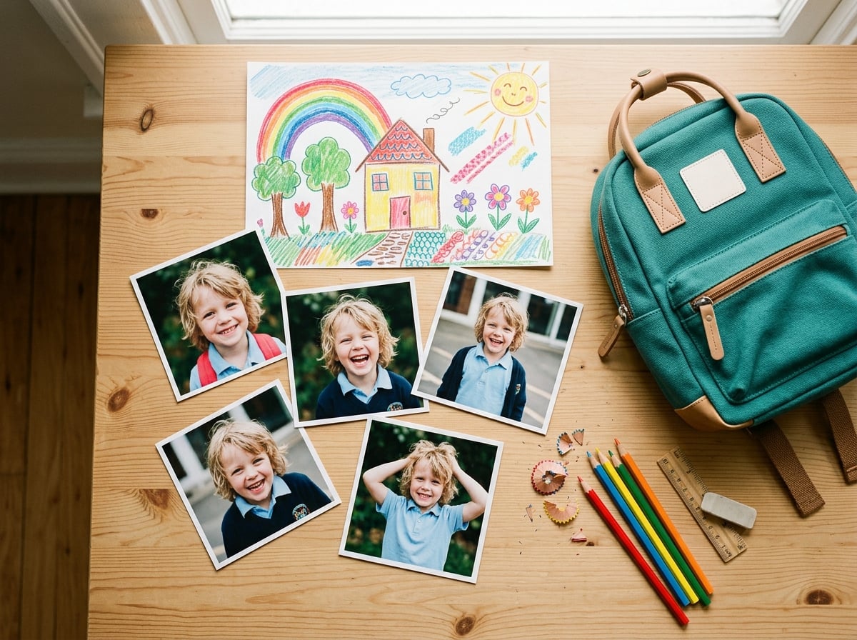Une composition à plat (flat lay) sur une table en bois clair. On y voit plusieurs tirages photo d'un enfant souriant, un dessin d'enfant très coloré (sans aucun texte), un nouveau sac à dos, et quelques crayons de couleur bien taillés. L'ensemble évoque la préparation créative d'un projet de souvenir de la rentrée scolaire.