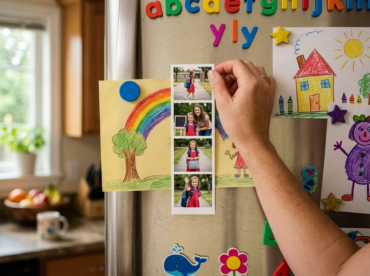 A close-up shot of a family's refrigerator door. A person's hand is placing a new photobooth-style magnet strip with 4 candid photos of a child's back-to-school moments. The lighting is warm and domestic, coming from a nearby kitchen window. Other children's drawings are visible around the magnet.
