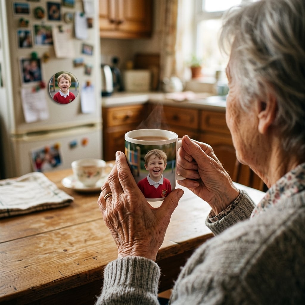 Over-the-shoulder view of an elderly woman's hands gently holding a personalized photo mug. The mug features a clear, smiling portrait of a young schoolchild. In the soft-focus background, a refrigerator with a similar photo magnet is visible. The scene feels cozy, quiet, and filled with affection.