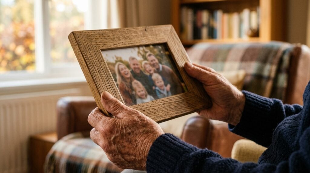 idée cadeau Fête des Grands-Pères - Une photo chaleureuse et émouvante montrant les mains ridées d'un grand-père tenant délicatement un cadre photo en bois de chêne. À l'intérieur du cadre, une photo de famille est visible mais légèrement floutée pour centrer l'attention sur l'émotion. L'arrière-plan est un salon confortable avec une lumière douce d'automne filtrant par une fenêtre.