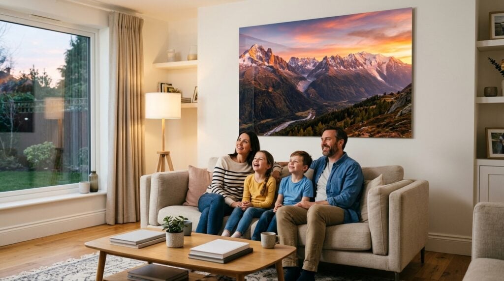 impression photo sur aluminium dibond - Une grande et magnifique impression photo sur métal d'un paysage de montagne au coucher du soleil est accrochée au-dessus d'un canapé moderne dans un salon lumineux et confortable. Une famille (parents et deux enfants) est assise sur le canapé, regardant l'œuvre d'art avec admiration et sourires. La lumière est chaude et douce.
