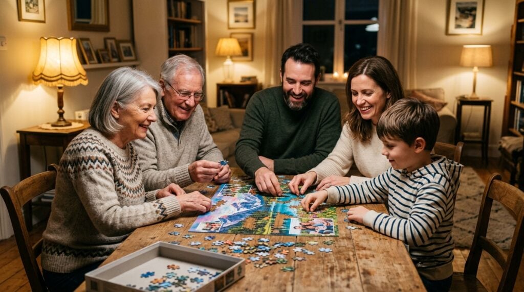puzzle personnalisé photo - Une famille multigénérationnelle (grands-parents, parents, un enfant de 8-10 ans) est joyeusement rassemblée autour d'une table en bois rustique dans un salon confortable. Ils travaillent ensemble sur un puzzle photo coloré. La lumière est chaude et douce, venant d'une lampe à proximité, créant une atmosphère intime. Le focus est sur leurs mains interagissant et leurs visages souriants et concentrés. Ambiance chaleureuse et connectée.