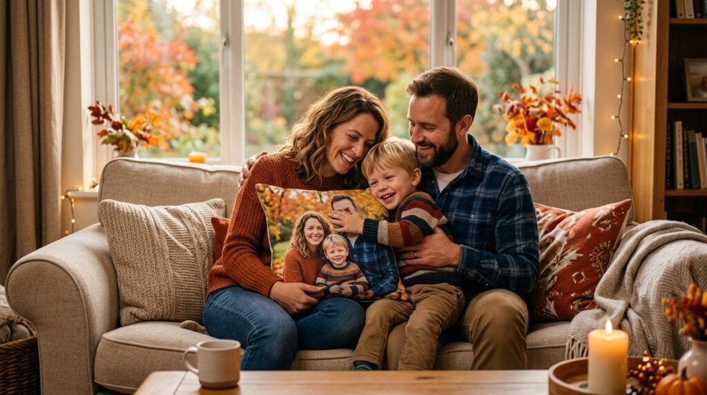 coussin personnalisé avec photo - Une famille heureuse, parents et un jeune enfant, se blottit sur un canapé dans un salon confortable à l'ambiance automnale. L'enfant serre dans ses bras un coussin photo personnalisé montrant un portrait de famille souriant. La lumière est chaude et dorée, et on aperçoit des arbres aux couleurs d'automne par la fenêtre. L'accent est mis sur la connexion et la chaleur.