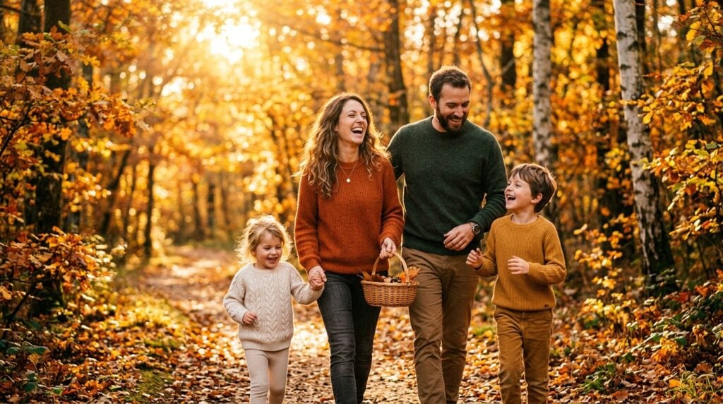 impression photo vacances Toussaint - A happy family with young children, dressed in cozy autumn sweaters, laughing as they walk through a sun-drenched forest in France. Golden hour light filters through the orange and yellow leaves. The focus is on their joyful interaction, not posed for the camera.