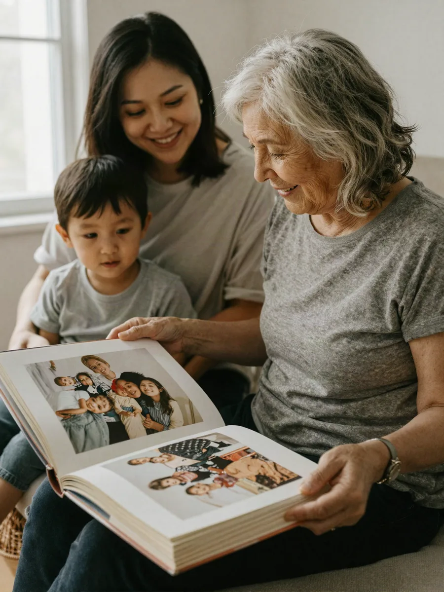 Une mère, le jour de ses 70 ans, feuillette un livre photo de famille avec sa fille et son petit-fils