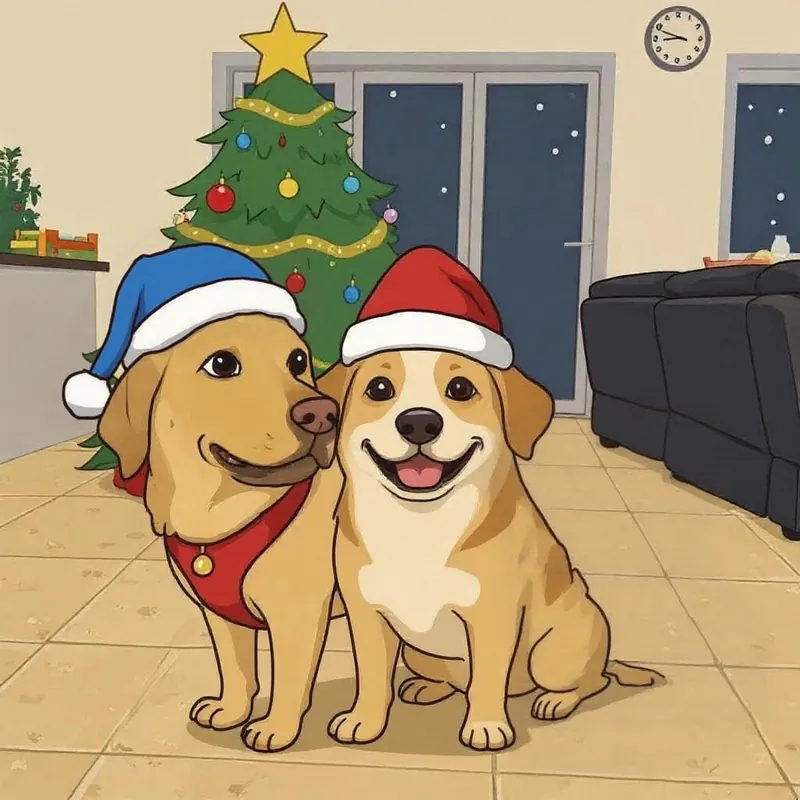 La même illustration avec deux chiens : le troisième a disparu et un bonnet est maintenant bleu