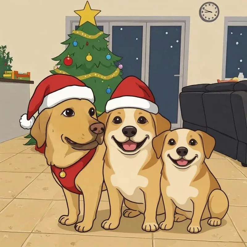 Une illustration de trois chiens coiffés de bonnets de Noël rouges devant un sapin