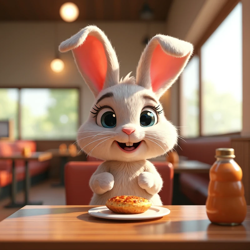 La même image du lapin, nette : moustaches, yeux et pâtisserie dans l’assiette bien visibles