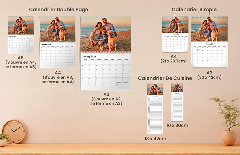 Calendriers personnalisés : A5, A4, A3, formats multiples avec photos familiales pour un cadeau unique.