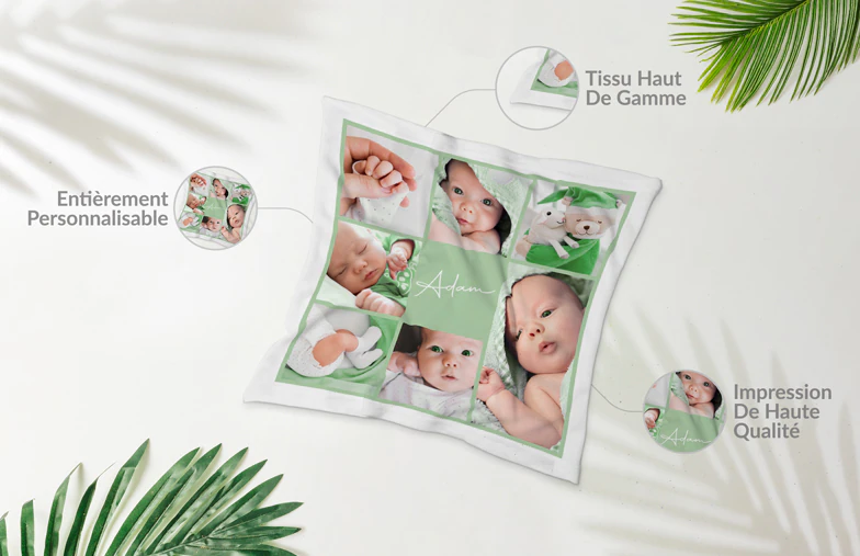 Coussin bébé personnalisé, photos et nom brodés sur tissu haut de gamme.