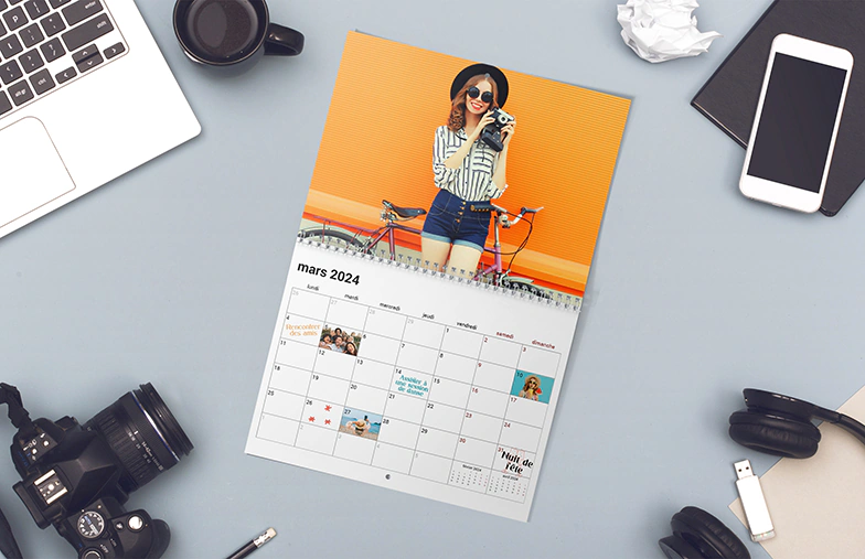Calendrier mural mars 2024 personnalisé : photo vibrante et dates importantes, idéal pour organiser votre année.