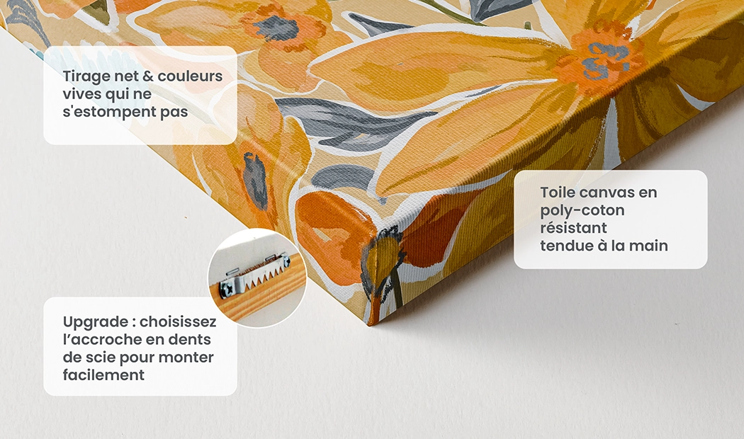 Toile personnalisée aux couleurs vives et fleurs abstraites, montée sur châssis en polycoton résistant.