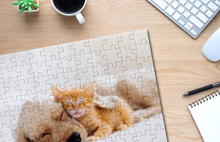 Puzzle personnalisé : un chaton roux et un chiot dorment paisiblement, image idéale pour un cadeau unique.
